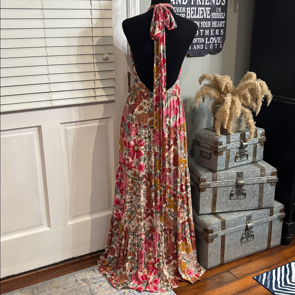 Aakaa Floral Open Back Halter Maxi Dress Pink Boho Wedding Guest Size M - Picture 6 of 12
